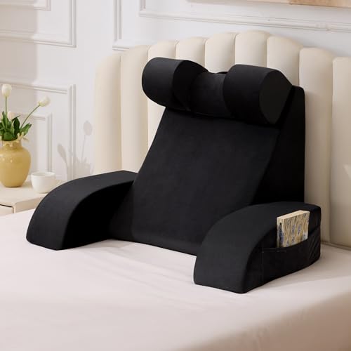 Velorose Reading Pillow for Sitting in Bed Adult, Back Pillow for Bed Sitting up, Backrest Pillow with Arms, Back Support Pillows for Gaming Lounging Watching TV, Large 21" Black