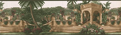 Norwall Mediterranean Palm Trees Flowers Villa Vintage Wallpaper Border Retro Design, Roll 15' X 7'' #TOP1