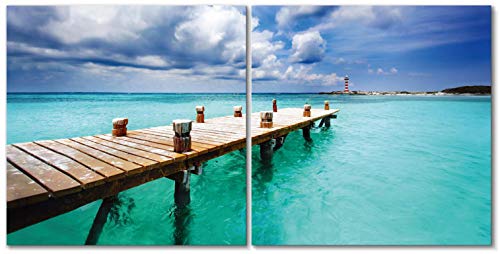 Pier Wall Art Decor - 2 Piece Set, Decorative Framed Dock Over Lake and Ocean Canvas Art Multi Panel Split Prints for Living Room, Kitchen, Bedroom, Office & Home Decor Gift