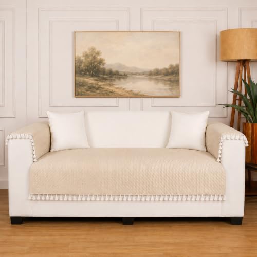 Image of Roseate Quilted Velvet Sofa Cover with 2 Arm Cover (2 Seater / 48 inchx27) Sofa Protector for Living Room /Bedroom interiors (Beige) with Tassels