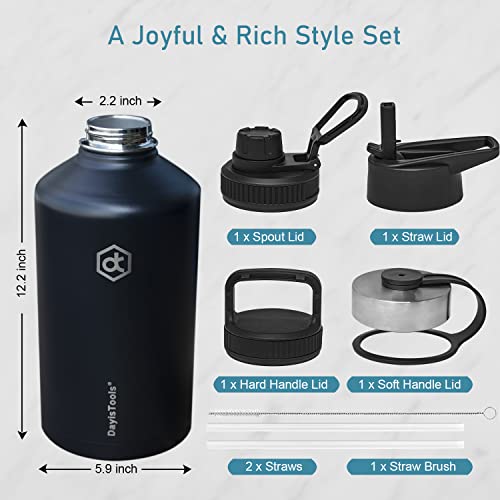 Dayistools 128 Oz Insulated Water Bottle With Straw & 4 Lids, One Gallon Large Metal Reusable Water Bottles, Big Bpa Free Stainless Steel Vacuum Water Jug For Sports, Gym, Travel (Keep Cold & Hot) #TOP4