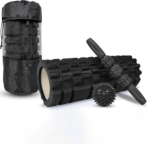 SKY-TOUCH 4-in-1 Roller Muscle Massage Massage Ball Yoga Column Massage Relax Ball Set Foam Exercises and Roller Bag - Black