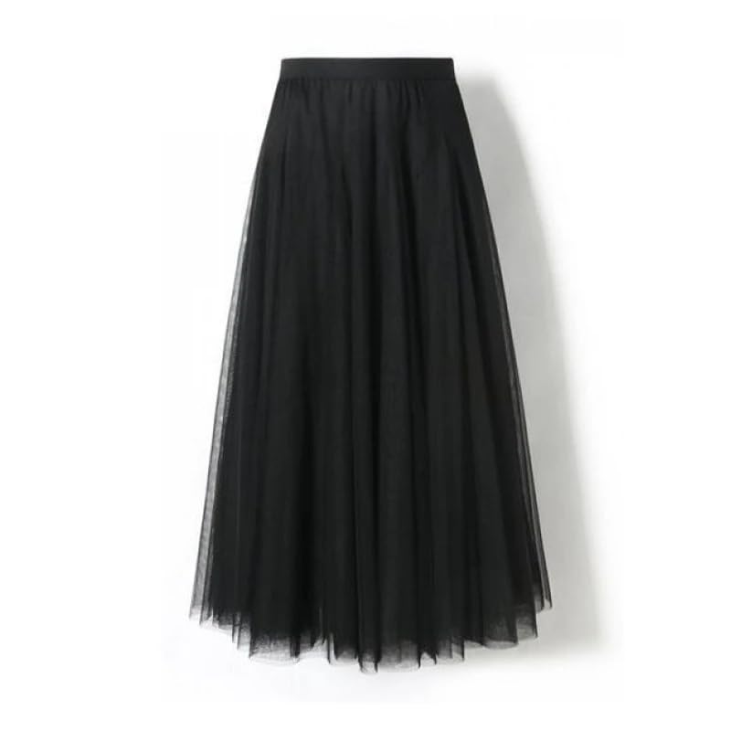 Women's Mesh Elastic High Waist Long Skirt Solid Pleated Midi Skirts3