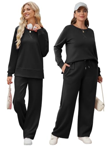 Image of OFEEFAN Women's 2 Piece Lounge Set Travel Airport Outfits Side Slit Tracksuit Wide Leg Loungewear Baggy Comfy Sweatsuit S-3XL