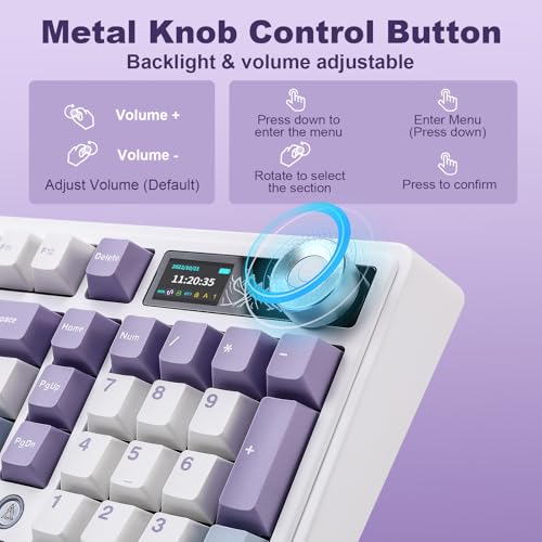 AJAZZ AK980 Mechanical Gaming Keyboard with Smart Display & Knob,98% Wireless Keyboard Tri-Mode BT/2.4G/USB-C, Hot Swappable, PBT Keycaps, with RGB Light for Win & Mac(Purple,Murad Switch) - Image 5