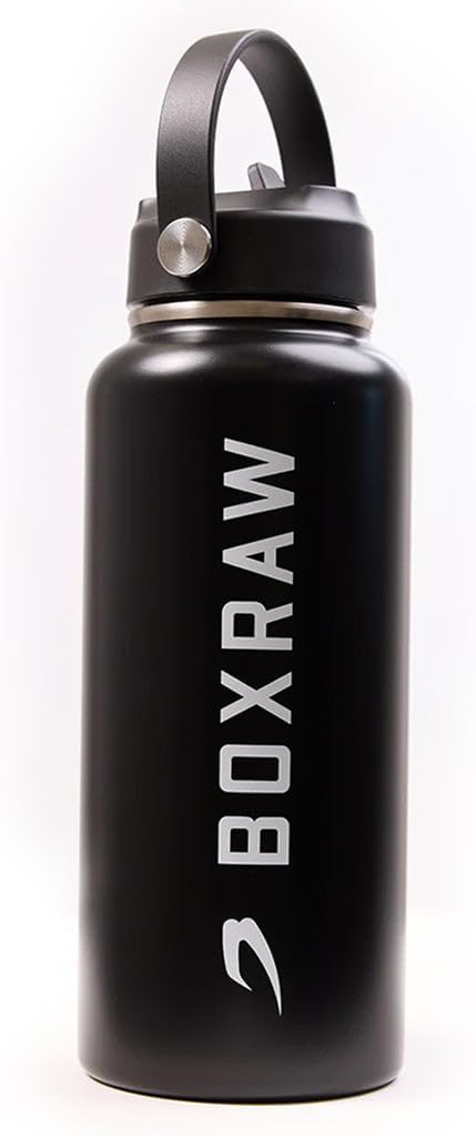 BOXRAW 32 oz Insulated Stainless Steel Water Bottle - Black - Straw & Ergonomic Handle - Leak-Proof Metal Water Bottle 32 oz Flask for Gym, Boxing & Travel - Keeps Drinks Hot or Cold - BPA-Free