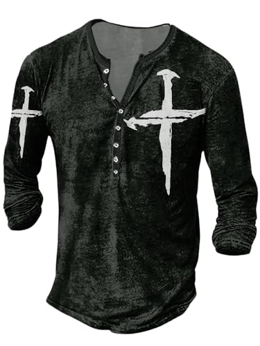 Bengbobar Men's Distressed Henley Shirt Fitted Shirts Graphic Cotton Tops Lightweight Tee Long Sleeve V Neck Fashion Shirts