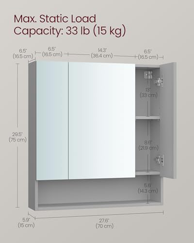 Vasagle Kailyn Collection - Bathroom Mirror Cabinet, Bathroom Wall Mirror Cabinet, Open Compartment, Adjustable Shelves, 16.5 X 70 X 75 Cm, Dove Grey BBK129G01 - 3