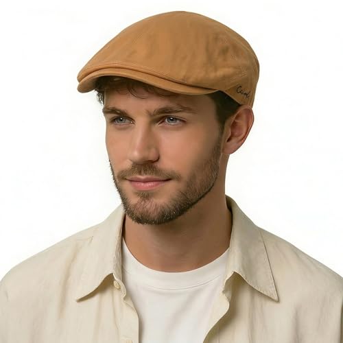 ZLYC Men Cotton Flat Cap Summer Scally Ivy Gatsby Newsboy Beret Driver Cabbie Hunting Hat, Solid Khaki, One size