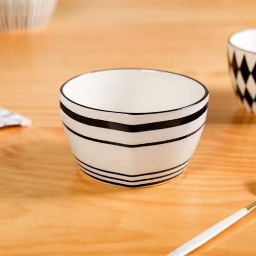 Image of Nestasia Ceramic Snack Bowl Set of 5 (350ml Each) - Dishwasher & Microwave Safe Bowls for Serving Soup, Rice, Dal, & Salad | Black & White Printed Bowls with Glossy Finish - Ideal for Gifting