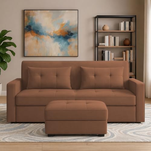 Image of Emilio 2-Seater Sofa Cum Bed for Living Room, Office & Home with Center Table | Premium Fabric Pull-Out Sofa Set with 1 Year Warranty | Space Saving Convertible Sleeper Sofa | Brown Colour