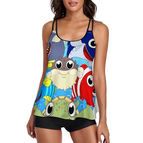 Maillot de bain tankini avec short de garçon imprimé tortue marine pour femme
