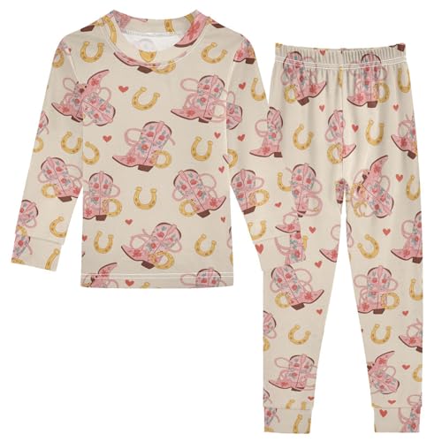 Pajama Sets Long Sleeve Cowboy Boots Horseshoes Hearts Soft Comfy Sleepwear 2 Piece PJS 3-8T