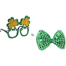 EBK St. Patricks Novelty GlassesBonus Shamrock Plastic Necklace Sequined Bow tie