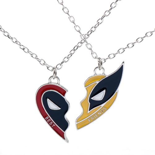 OPVYAEU 2 Piezas Collar BFF para 2 Deadpool Wolverine, personalidad, mejor amistad, a juego, aleación de medio corazón, rojo y amarillo, juego de collares con colgante, Plata esterlina