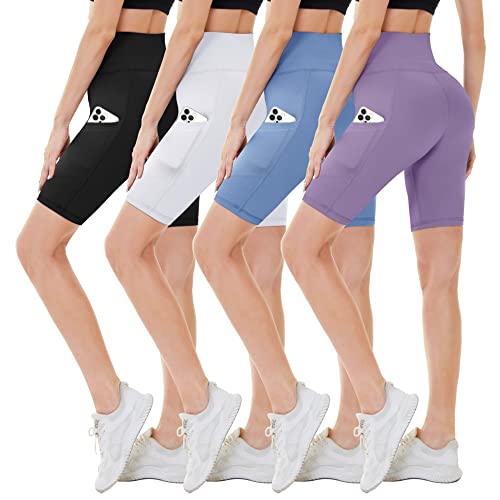 CAMPSNAIL 4 Pack Biker Shorts Women with Pockets – 5"/8" High Waist Tummy Control Workout Gym Yoga Running Compression Shorts 5 inch pockets Small-Medium 1#black, 4 Packs