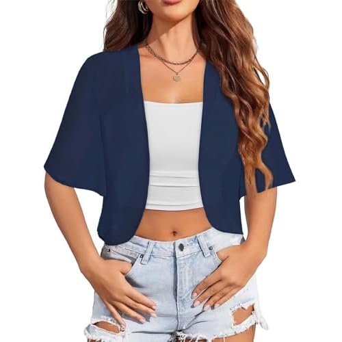 Women Bolero Shrug Cardigan Open Front Cover Up Sheer Short Sleeve Kimonos for Evening Dress(Navy Blue,S)