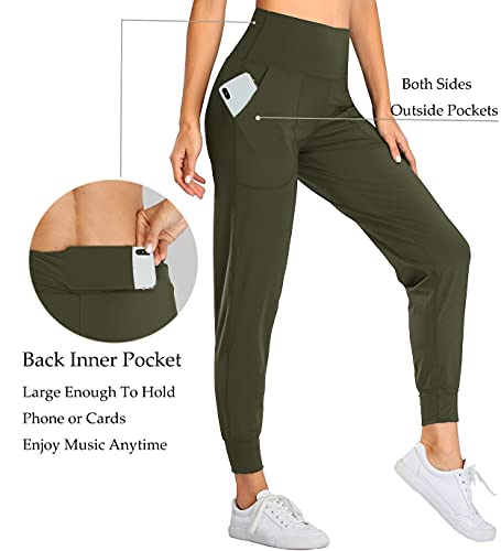 Oalka Calça de moletom feminina de cintura alta com bolsos de ioga para treino, Oliva escura, XGG