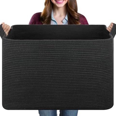 OIASKET 108L Laundry Basket for Organizing, 24.8"L x 16.2"W x 16.2"H Extra Large Blanket Basket, Rope Storage Basket for Living Room, Woven Basket for Clothes, Pillows, Nursery Laundry Hamper (Black) Cover