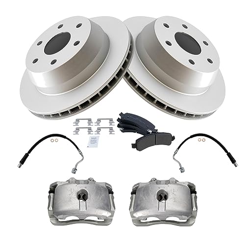 Image of TRQ Rear Brake Pad, Caliper, Hose, & Rotor Kit Semi-Metallic Premium G-Coated Compatible with 2003-2009 Chevrolet Express 1500 2003-2013 GMC Savana 1500
