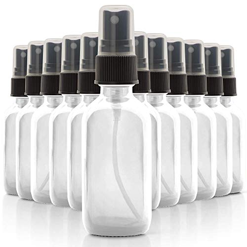 1790 Clear Glass Essential Oil Bottles, 2 oz Small Glass Bottles, Glass Bottles for Essential Oils - Mini Spray Bottle Black Mister (12 Pack)