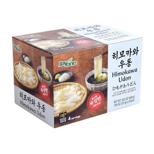 Jayone Himokawa Dipping Udon, Premium Wide Flat Noodle, Knife Cut Style, Slow-Aged Rice Blend for Mochi-Chewy Texture, Non-Fried with Soy Sauce, Wasabi & Garnish, HACCP Certified, 4 Pack(7.65 Oz X 4)