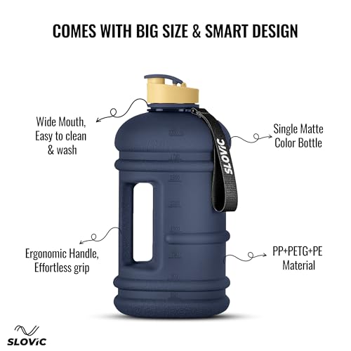 Image of SLOVIC Gallon Water Bottle 2 + Litre | Gym Motivational Sipper Water Bottle for Adults | 100% BPA Free & Leakproof | 2 Litre Sipper for Men & Women with Ergonomic Handle | Dark Blue | 2200 ML