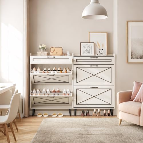 Maupvit Shoe Cabinet with 2 Flip Drawers,Hidden Shoe Storage Cabinet with 1 Pull Drawer for Entryway,Narrow Shoe Rack,Freestanding Slim Shoe Organizer Cabinet for Hallway,Foyer,White