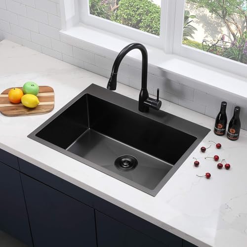Image of SHACO 28 Inch Drop in Black Kitchen Sink, Gunmetal Black Top Mount Stainless Steel 9 Inch Deep Single Bowl Laundry Utility Wet Prep Sink