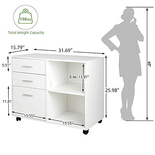 TUSY 3-Drawer Wood File Cabinet, Mobile Lateral Filing Cabinet with Rolling Wheel, Printer Stand with Open Storage Shelves for Home Office, White - Thumbnail 6