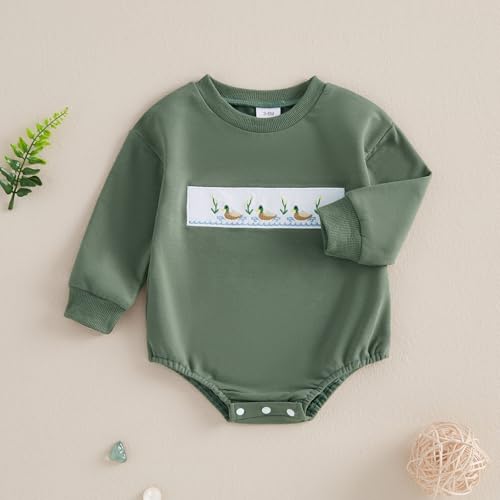 Baby Boy Hunting Outfit Duck Embroidery Baby Romper Long Sleeve Crew Neck Bodysuit Newborn Infant Fall Clothes2