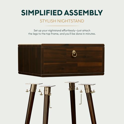 Image of Bme Caden Solid Wood Nightstand /Side Table /End Table, Fully Assembled, with 1-Drawer for Mid Century Bedroom and Living Room, Walnut