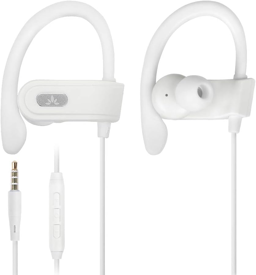 Avantree E171 - AUX 3.5mm Wired Earbuds with Microphone & in-Line Volume Control, Compatible with Traditional 3.5mm AUX Phones Corded Headphones with Ear Hook for Running & Sports, White