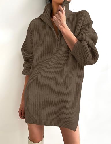 ZESICA Womens Fall Long Sleeve Sweater Dress Casual Quarter Zip Oversized V Neck Collared Knit Pullover Mini Dresses3