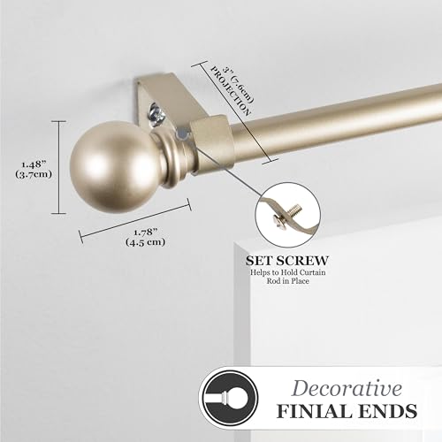 Kenney Chelsea Ball End Window Curtain Rod, Adjustable Curtain Rod for Windows 48 to 86 Inches, Extendable Curtain Rod Set, Soft Brass Gold Curtain Rod, Curtain Rods 4 Pack