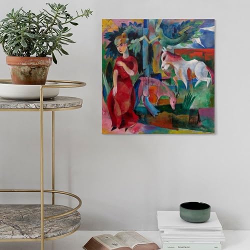 Affiche sur toile femme avec animaux Heinrich Campendonk couleurs vives sans cadre 50x50 cm