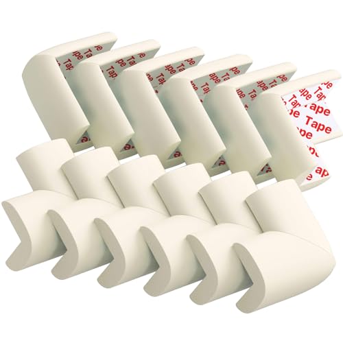 12 Pack Corner Protector Baby Proofing Edge and Corner Guards, Soft Safety Pre-Taped Rubber Foam Furniture Bumpers for Fireplace, Table, Stair, Cabinet (Off White)