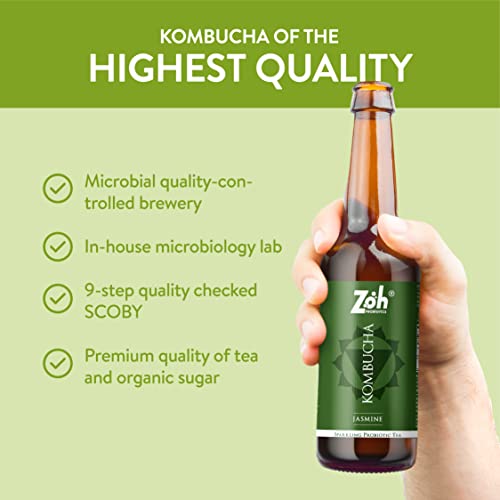 Image of Zoh Probiotics Jasmine Kombucha | Green Tea With Detoxifying Acids, And Digestive Enzymes. Raw, Unfiltered, And Unpasteurized With Mother. Made With Real Jasmine Flowers(330 Ml, Pack Of 3)