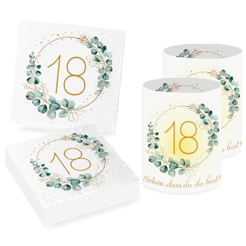 Sprinlot 20 servilletas de 18 cumpleaños + 12 portavelas para decoración de mesa de 18 cumpleaños, decoración de 18 cumpleaños para niñas y niños, servilletas de eucalipto para el hogar