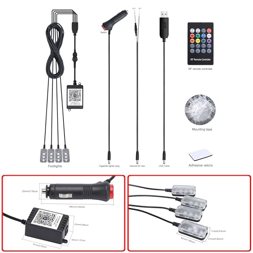 QAUBEN Car Ambient Lighting 64 Colors Multicoloured Music Footwell Lighting RF Remote + APP Control Car DIY Decorative Atmosphere Lighting DC 12V 1W