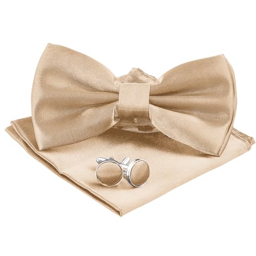 Aohyue Elegantes Fliege Herren Set, mit Seidenschal & Manschettenknöpfen, Anzug Accessoires für Herren Set, Solider Bifold-Fliege, Ideal für Hochzeit & Business (Champagnerfarbe)