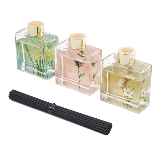 Cocorrína Raumduft Reed Diffuser - 3 x 90ml mit 24 Duftstäbchen Kaschmir Vanille/Sandelholz Rose/Sauberes Leinen, Natürlich, Langanhaltend, Home Duft Zimmerduft für Badezimmer Regal Dekoration