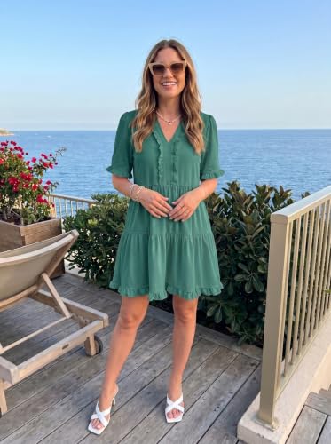 Image of Dokotoo Womens Summer Dresses 2026 V Neck A Line Short Sleeve Casual Ruffle Babydoll Mini Dress
