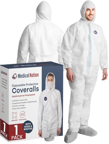 Medical Nation Hazmat Suits Disposable |1 Pack - Large | Protective Coveralls with Attached Hood and Boots | Heavy Duty Full Body Painters Suit for Adults - Breathable & Water Resistant | Large