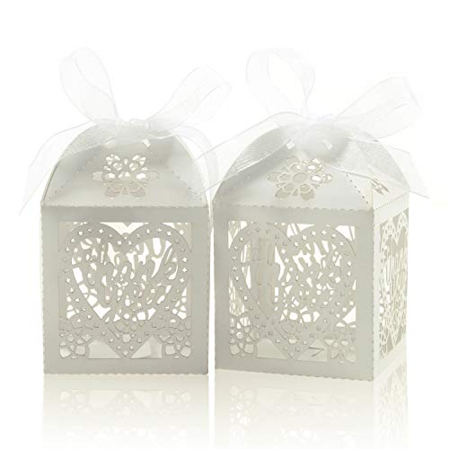 COTOPHER Laser Cut Boxes, 100pcs Thank You Gift Boxes Wedding Party Favor Boxes Lace Candy Boxes for Wedding Bridal Shower Baby Shower Birthday Party Decorations with Ribbons (2x2x2.75inch, White, 100)