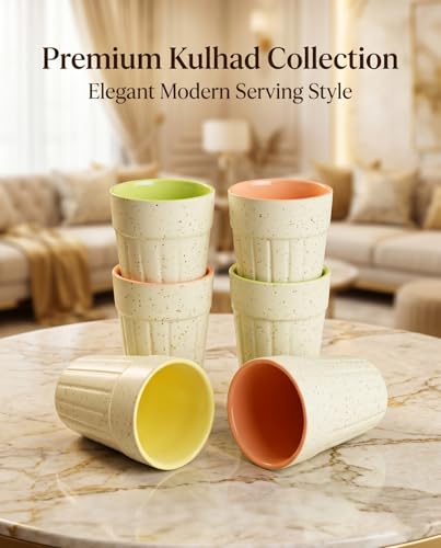 Image of Cutting Chai Glasses with Metal Holder Stand, Ceramic Glasses with Sugar Bowl for Serving Tea, Coffee, Lassi - 23 CM Diameter