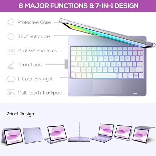 Image of typecase Touch iPad 11th 10th Generation Case with Keyboard (11 inch 2025, A16 & 10.9 inch 2022) - 360 Rotatable, 11-Color Backlit, Multi-Touch Trackpad, Pencil Holder, Thin & Light - Light Purple