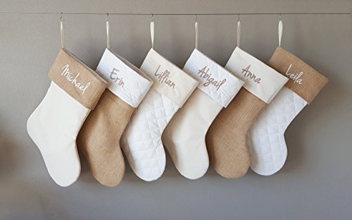 Personalized Christmas Stocking In Natural Burlap, Ivory Cream Quilted, Cotton. 1 Custom Stocking With Name Or Blank #TOP4