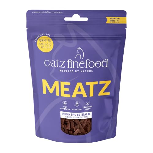 catz finefood Meatz Katzen Leckerlies Essential Mix - knusprige Streifen aus den beliebtesten Fleischsorten - Katzensnack für Allergiker ohne Zucker, getreidefrei (1 x 45 g)