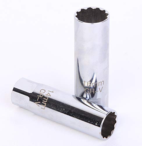 Osof 14Mm & 16Mm Spark Plug Socket Thin Wall 12-Point Removal Tool 3/8 Inch Square Drive Set + 3/8-Inch Drive Sliding T Bar Torque Spanner Extension Kit 10Inch/25Cm #TOP2